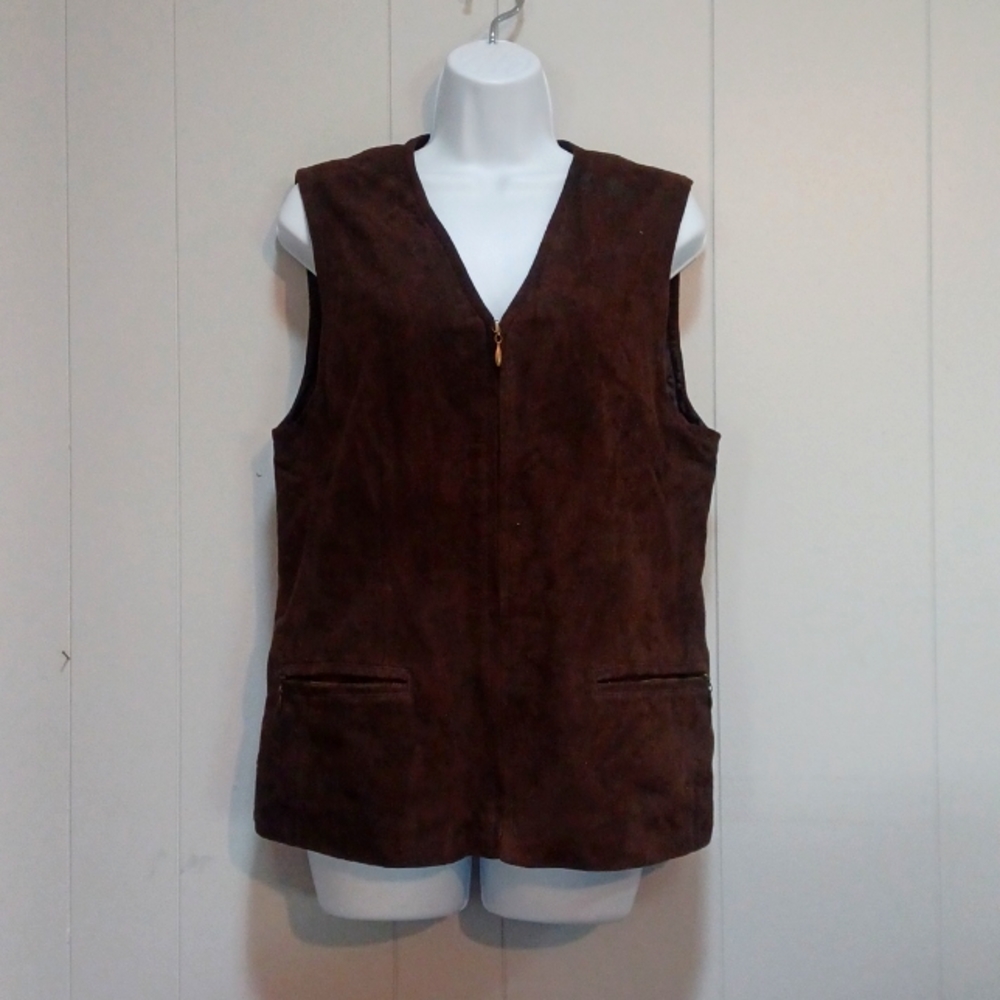 Liz Claiborne Brown Leather Suede zip up sleeveless vest with zipper pockets